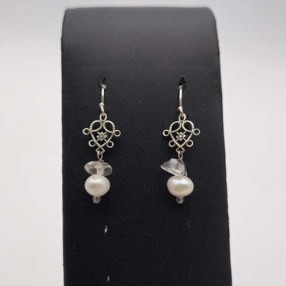 Sterling Silver Genuine Pearl And Quartz Stone Earrings A3805